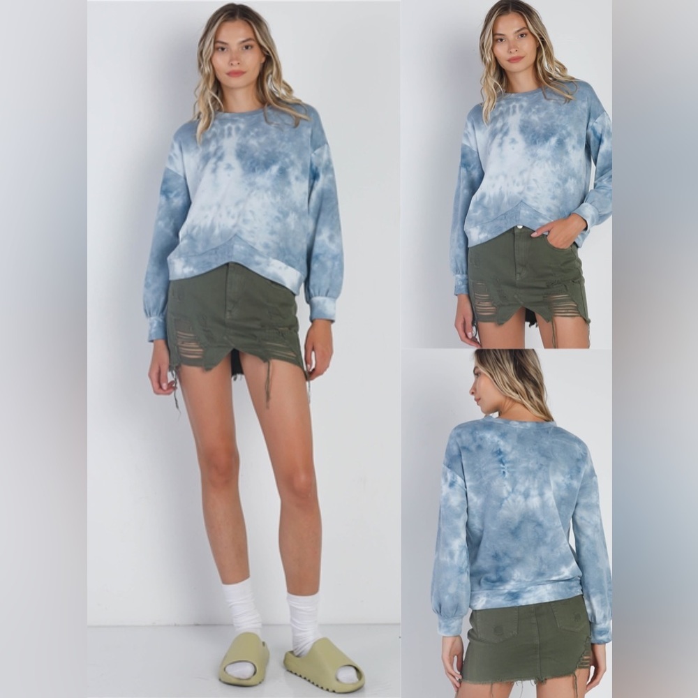 3-Pack Teal Tie-Dye Print Round Neck Long Sleeve Hem Detail Top